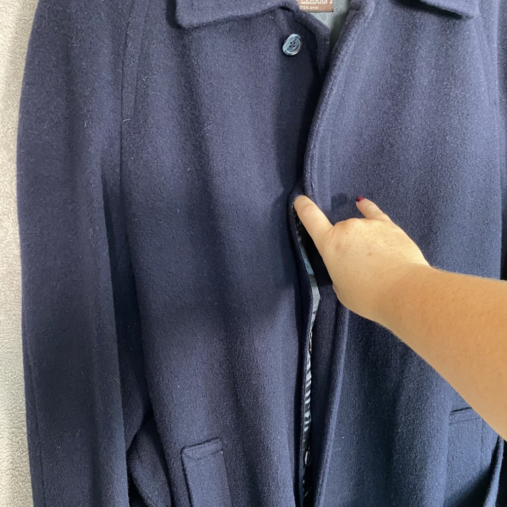Vintage Nelson Stuart Mens Wool Belted Overcoat 38R Navy Blue Long Coat Trench - Picture 4 of 14